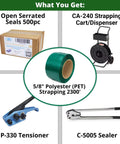 Heavy Duty Pet Strapping Kit With Dispensing Cart, 5/8 Inch By 2300 Feet, showcasing tensioner, sealer, seals, and dispenser.