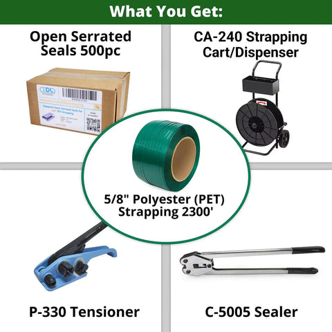 Heavy Duty Pet Strapping Kit With Dispensing Cart, 5/8 Inch By 2300 Feet, showcasing tensioner, sealer, seals, and dispenser.