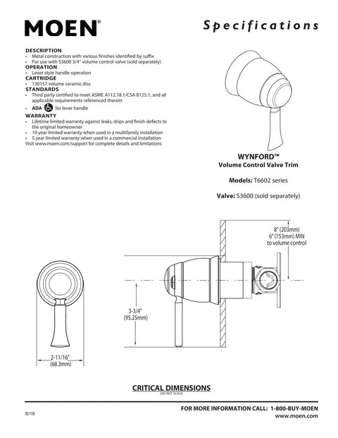 Technical diagram of Wynford Three Quarter Inch Volume Control Valve Trim Kit In Polished Nickel Finish, Valve Required For S3600