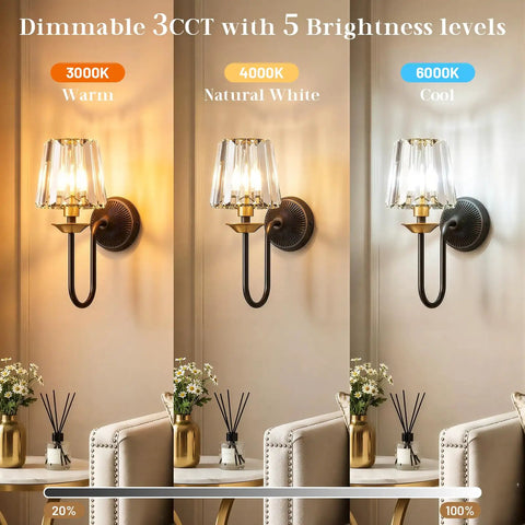 Black And Gold Crystal Wireless Rechargeable Wall Sconces Set Of Two demonstrating 3CCT brightness levels and lamp designs.