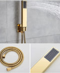 Slick Wall Mount Shower Kit With Led Glow And Tub Spout Boasting Crisp Square Rainfall Head Handheld Spray Top Shelf Adjustable Valves And No Fuss Cleanup, gold handheld spray with hose.