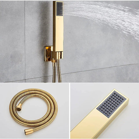 Slick Wall Mount Shower Kit With Led Glow And Tub Spout Boasting Crisp Square Rainfall Head Handheld Spray Top Shelf Adjustable Valves And No Fuss Cleanup, gold handheld spray with hose.