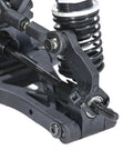 Close-up of One Tenth Scale 4x4 On Road RC Rolling Chassis Frame Kit For Adults, showing suspension and wheel attachment.