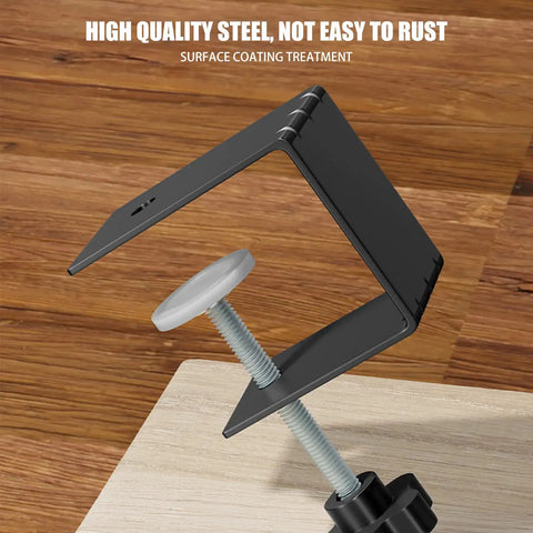 Heavy Duty C Clamp Set for Cabinet Installations, 304 Stainless Steel Adjustable Clamps showing close-up view on wood surface.
