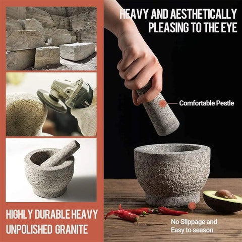 Large Granite Mortar And Pestle Set With 2 Cup Capacity Lid Silicone Lid Garlic Peeler And Anti Slip Base Pad Unpolished Granite Spice Grinder For Grinding Herbs And Spices Kitchen Must Have, showing heavy unpolished granite with pestle in hand.