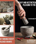 Mortar and Pestle Set With Lid, Two Cup Capacity, Silicone Lid, Garlic Peeler, Non Slip Base Pad, Unpolished Granite Spice Grinder