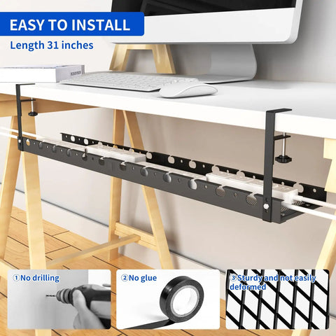 Under Desk Cable Management Tray With Clamp For No Drill Setup, 31-inch metal tray installed, keeps cables neat under standing desk.