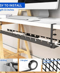 Extendable Under Desk Cable Management Tray with Clamp installed, holding power strips, showing 31 inch extension and no-drill setup.