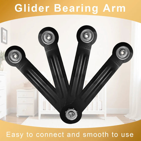 Four Pack Glider Bearing Arm Bracket Hardware for Rocker Replacement Parts, 7.48 Inch Length, 6.3 Inch Center to Center Mounting Hole Distance, One Quarter Inch Bolt Hole, Black Galvanized Finish, Easy DIY Install, four black glider arms with bearings