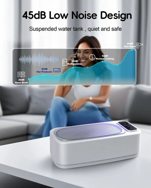 Image of 48KHz Ultrasonic Jewelry Cleaner Machine with four cleaning modes, highlighting its low noise design and 304 stainless steel tank.
