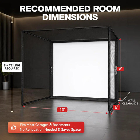 All In One 10x8ft Golf Simulator Enclosure With Hitting Net HD Impact Screen in indoor room showing dimensions.