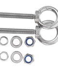 Top Shelf Stainless Steel Eye Bolts M10x60 With Heavy Duty Nuts And Washers Built Tough For Machinery Lifting Secure Rigging And Extreme Load Hardware Kit, showing threaded eye bolts and washers.