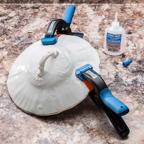 Medium Bandy Clamps Set For Woodworking With Easy Squeeze One Handed Operation holding ceramic plate