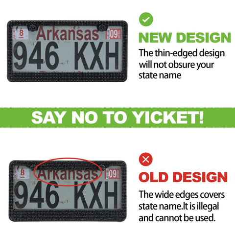 Comparison between new design and old design of Two Pack Premium Stainless Steel Rhinestone License Plate Frame For Women Glitter Crystal Diamond Bling License Plate Holder Handmade Sparkly Black Tag Cover No State Name Covered Bedazzled Shine showing unobstructed state name