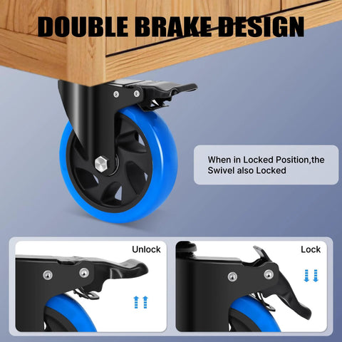 Humagineer 5-inch caster wheel with brake, blue polyurethane wheel and black mounting plate, side view