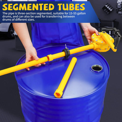 Built Tough Manual Drum Pump For 15 To 55 Gallon Barrels Featuring 10 GPM Flow Rate with segmented yellow tubes for easy transfer.