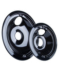 USA Made Porcelain Cooktop Drip Pan Replacement Set For GE 6 Inch And 8 Inch Pans Four Piece Kit shown in black finish.