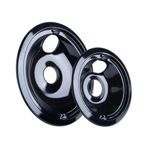 USA Made Porcelain Cooktop Drip Pan Replacement Set For GE 6 Inch And 8 Inch Pans Four Piece Kit shown in black finish.