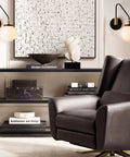 Living room with Swing Arm Wall Sconce Light With Milk White Globe, mid century vibe, black finish, beside modern art