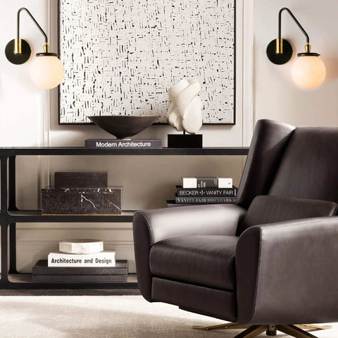 Living room with Swing Arm Wall Sconce Light With Milk White Globe, mid century vibe, black finish, beside modern art