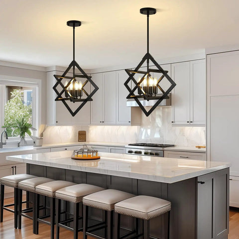 Modern Eighteen Inch Black Chandelier Four Light Industrial Pendant in stylish kitchen above island.