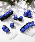16 Piece Top Shelf Blue Lawn Sprinkler Head Replacement Kit With 15 Van Slick Swivel Nozzles Rotating Seamlessly From 0 To 360 Degrees For A Hassle Free Yard Irrigation Setup, showcasing various blue spray nozzles.