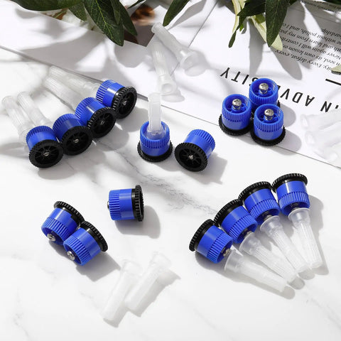 16 Piece Top Shelf Blue Lawn Sprinkler Head Replacement Kit With 15 Van Slick Swivel Nozzles Rotating Seamlessly From 0 To 360 Degrees For A Hassle Free Yard Irrigation Setup, showcasing various blue spray nozzles.