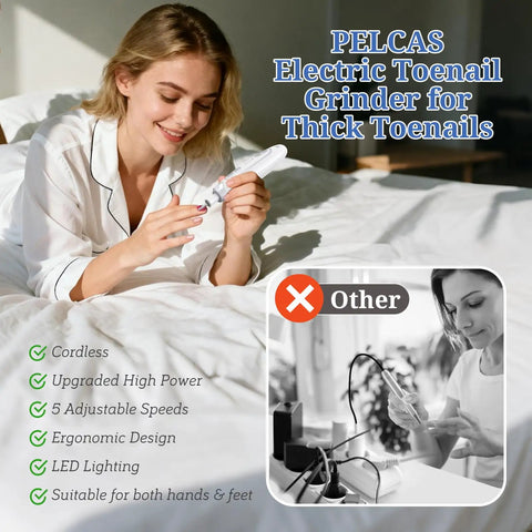 PELCAS Electric Toenail Grinder for Thick Toenails, cordless with five adjustable speeds, ergonomic design, LED light.