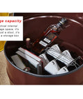 Inside view of Chill Zone Industrial Metal Barrel Stool With Cushy Backrest And Hidden Storage Rack, showing storage space filled with bottles and books.