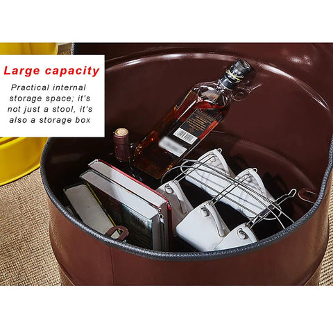 Inside view of Chill Zone Industrial Metal Barrel Stool With Cushy Backrest And Hidden Storage Rack, showing storage space filled with bottles and books.