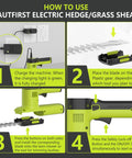 Step-by-step guide for using 12V Cordless 2 In 1 Hedge Trimmer And Grass Shears, illustrating charging, blade placement, operation.