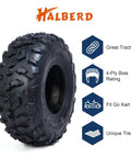 Close-up of Go Kart Street Mini Bike Tires 145/70-6 4PR Tubeless Off Road ATV All Terrain Set Of 2 with tread and specifications.