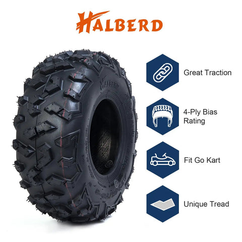 Close-up of Go Kart Street Mini Bike Tires 145/70-6 4PR Tubeless Off Road ATV All Terrain Set Of 2 with tread and specifications.