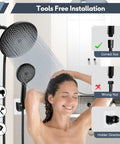 Person using 8.5 Inch Matte Black Shower Head With Handheld Spray Combo in bathroom, showing tools free installation.