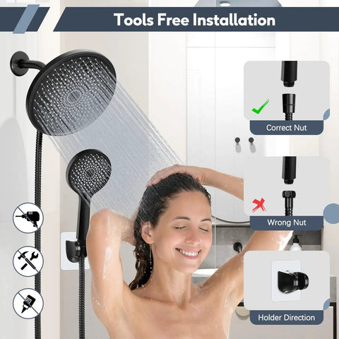 Person using 8.5 Inch Matte Black Shower Head With Handheld Spray Combo in bathroom, showing tools free installation.