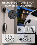 Heavy Duty Nema 6 50 Adapter For Tesla Gen 2 Mobile Connector 240V 32A Ev Charger Plug with welder outlet in garage setup.