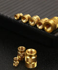 Solid Brass Hot Melt Nuts With Double Twill Knurl Grip For High Torque Stress Loads. Pack Of 20 Pieces M5x7mm shown in various sizes.