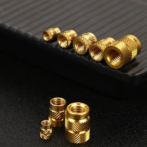 Solid Brass Hot Melt Nuts With Double Twill Knurl Grip For High Torque Stress Loads. Pack Of 20 Pieces M5x7mm shown in various sizes.