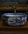 Handcrafted Blue And White Ceramic Vessel Sink With Zero Absorption Glaze Heavy Duty Build For Daily Use Knockout Countertop Basin setting.
