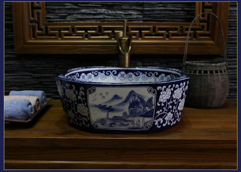 Handcrafted Blue And White Ceramic Vessel Sink With Zero Absorption Glaze Heavy Duty Build For Daily Use Knockout Countertop Basin setting.