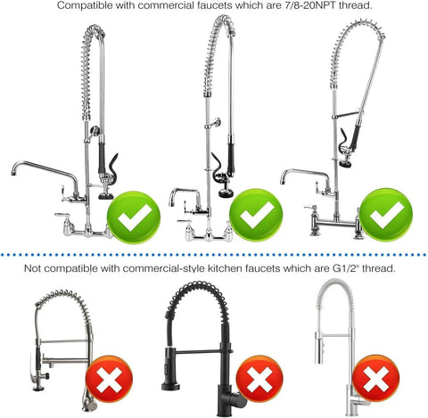 Diagram showing compatibility of Pre Rinse Sprayer Valve Kit With 44 Inch Stainless Hose Pro Grade Sprayer Nozzle Head For Commercial Kitchen Sinks Replacement Parts For Restaurant Hotel And Industrial Kitchens with faucets.
