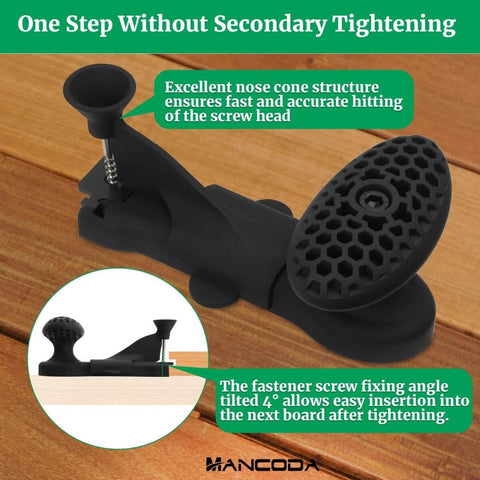 Hidden Fastener Installation Tool for Trex Hidden Fasteners and Composite Decking, Workhorse Deck Install Tool shown sideways on wood surface.