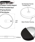 Diagram showing 10 Pack Rubber Coated NdFeB Magnets With M4 Female Threads, dimensions, and parts list for heavy duty magnetic mount bases.