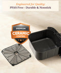Six Quart Nine In One Air Fryer With Pfas Free Ceramic Basket and Fast Air Technology showing a durable nonstick ceramic basket and tray.