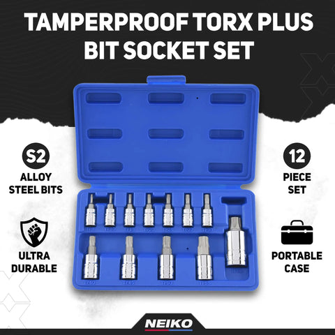 Tamperproof Torx Plus Bit Socket Set 12 Piece with 8 IPR to 60 IPR Cr-V and S2 Steel in blue ABS case
