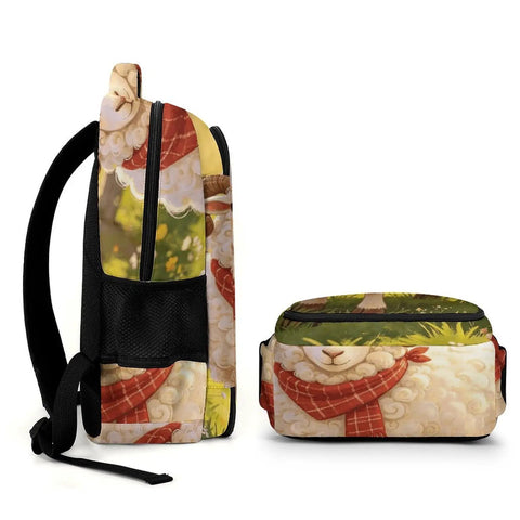 Side view of Scarf Horned Ram Print Unisex Backpack With Large Capacity next to matching pouch, durable polyester material.