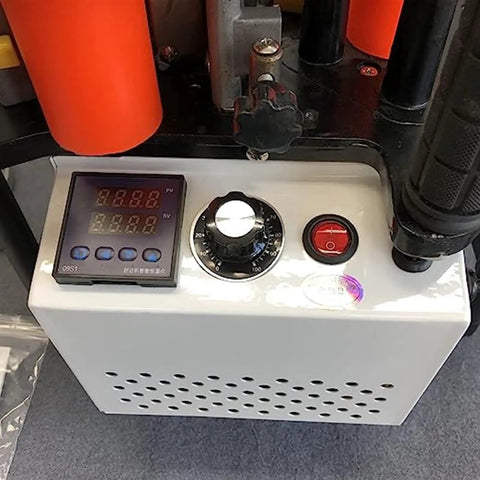 Edge Banding Machine For Woodworking With Double Sided Glue System control panel showing speed and temperature settings.