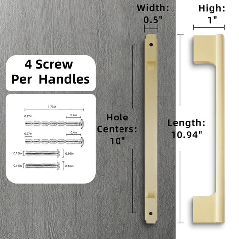Sleek Brushed Gold Cabinet Pulls 10 Pack With 10 Inch Hole Centers Modern Kitchen Drawer Handles Top Shelf Aluminum Hardware with dimensions.