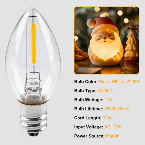 Versatile 6 Foot LED Accessory Cord With On Off Switch For Night Lights And Holiday Decor C7 Bulb 2 Pack close-up of clear bulb.