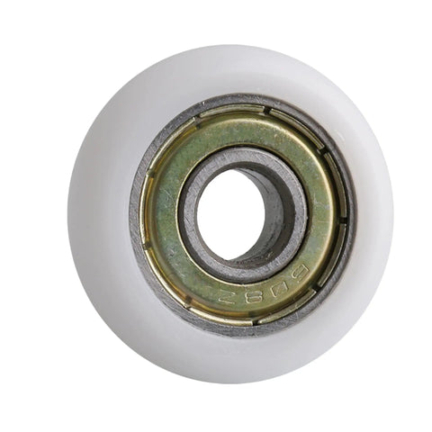 Rad 4-Piece White Ball Bearing Guide Pulley Roller Set featuring smooth white plastic wheel with metal bearing, 0.31-inch bore.